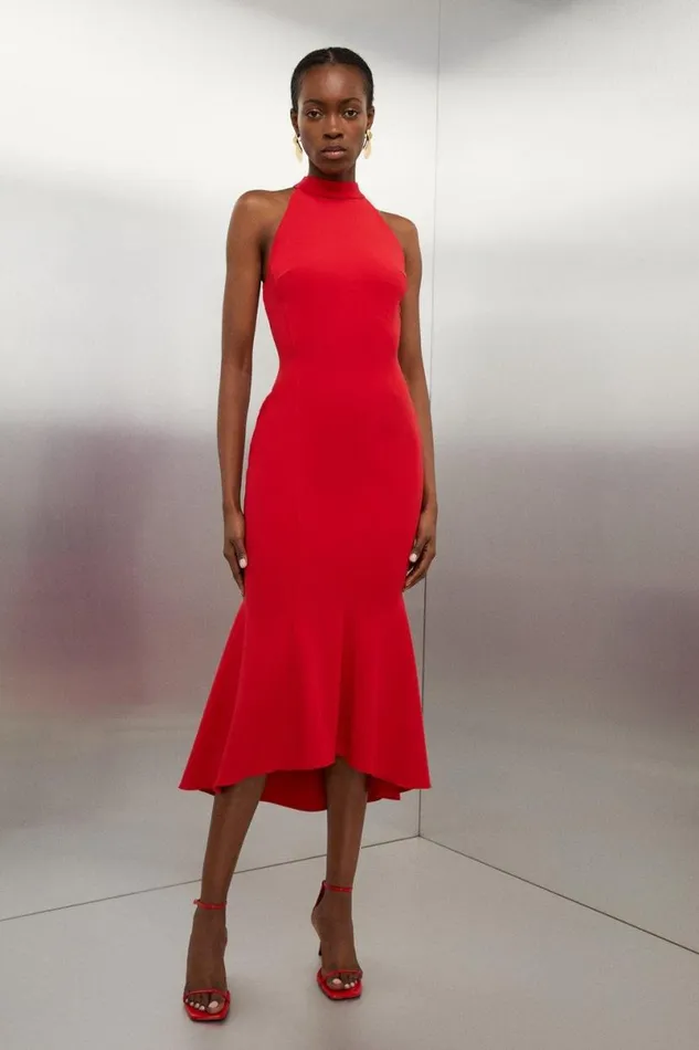 Tailored Compact Stretch Waterfall Hem High Neck Midi Dress Red Women Karen Millen Dresses Tailored Compact Stretch Waterfall Hem High Neck Midi Dress Red Women Karen Millen Dresses