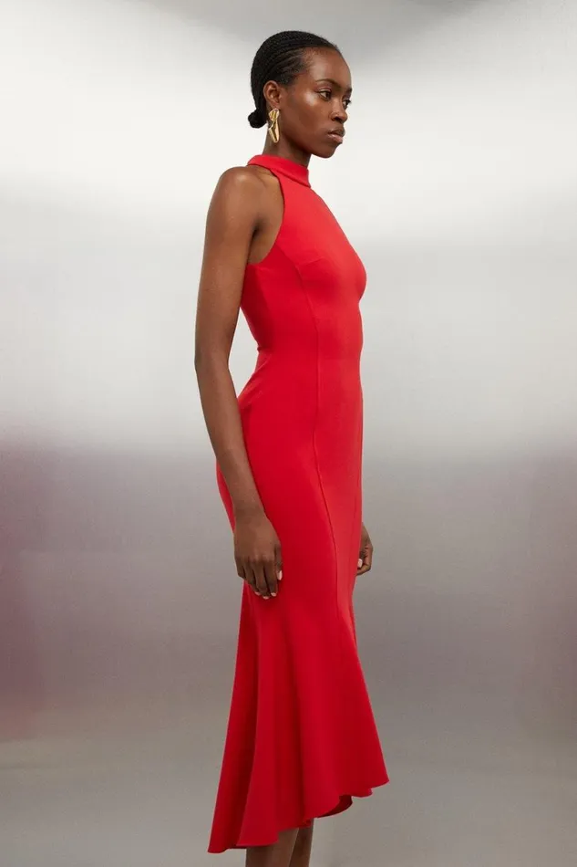 Tailored Compact Stretch Waterfall Hem High Neck Midi Dress Red Women Karen Millen Dresses