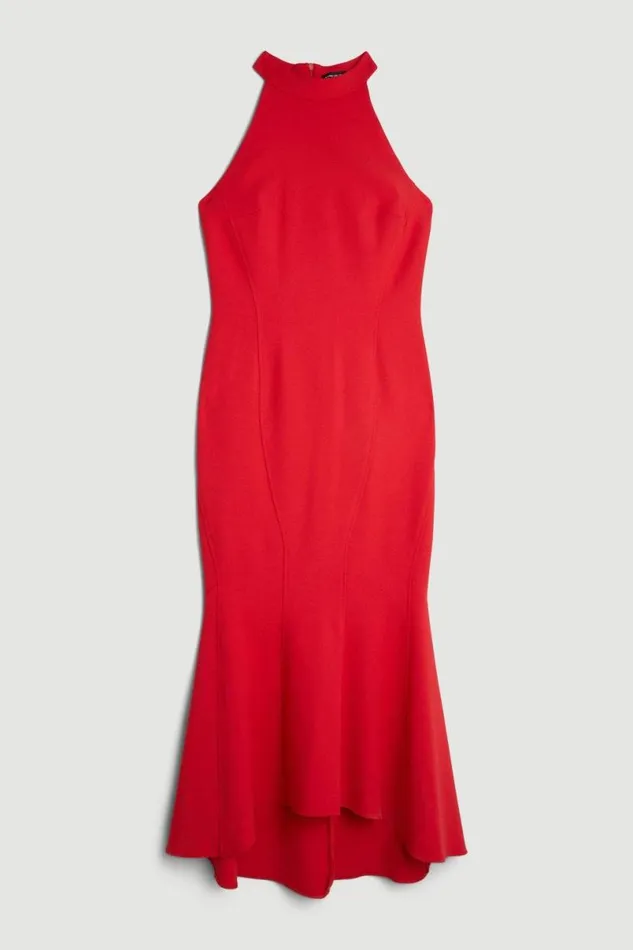 Tailored Compact Stretch Waterfall Hem High Neck Midi Dress Red Women Karen Millen Dresses