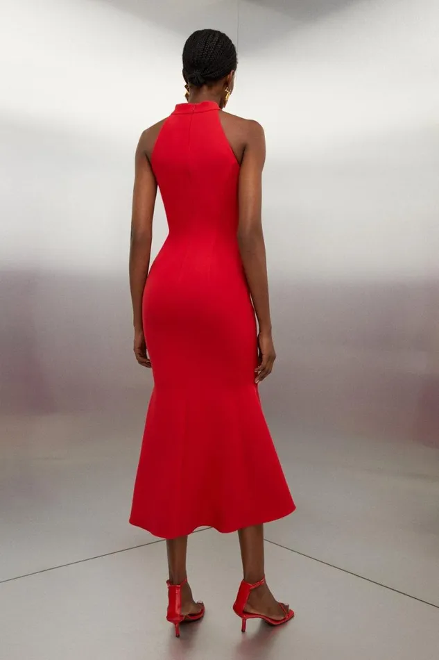 Tailored Compact Stretch Waterfall Hem High Neck Midi Dress Red Women Karen Millen Dresses