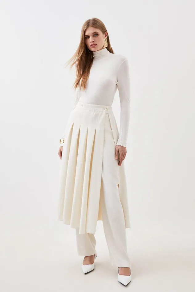 Tailored Crepe Detachable Layered Skirt Detail Trousers Ivory Women Karen Millen Skirts