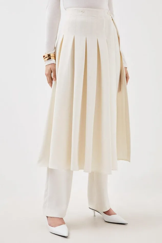 Tailored Crepe Detachable Layered Skirt Detail Trousers Ivory Women Karen Millen Skirts