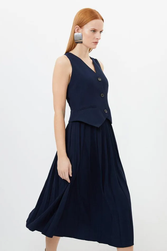 Tailored Crepe Pleated Skirt Waistcoat Midi Dress Navy Women Karen Millen Dresses