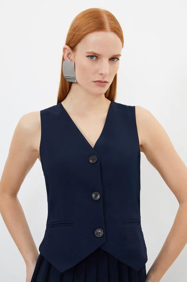 Tailored Crepe Pleated Skirt Waistcoat Midi Dress Navy Women Karen Millen Dresses