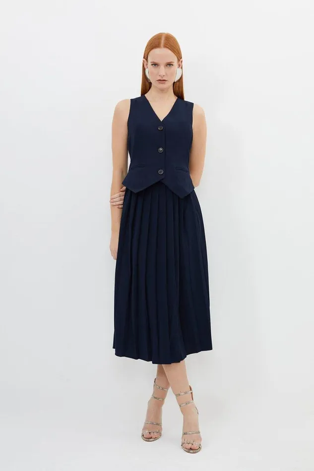 Tailored Crepe Pleated Skirt Waistcoat Midi Dress Navy Women Karen Millen Dresses