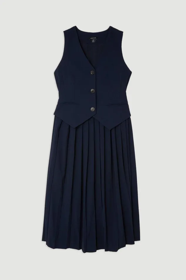 Tailored Crepe Pleated Skirt Waistcoat Midi Dress Navy Women Karen Millen Dresses