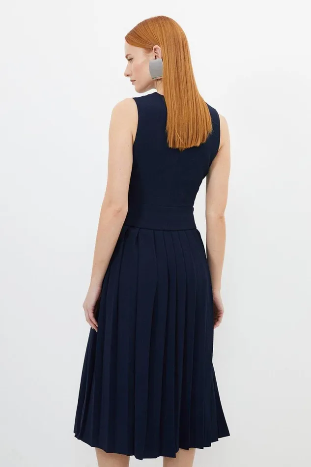 Tailored Crepe Pleated Skirt Waistcoat Midi Dress Navy Women Karen Millen Dresses