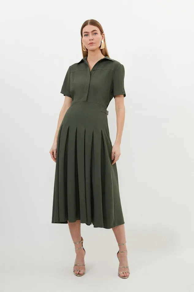 Tailored Crepe Short Sleeve Pleated Midi Dress Khaki Women Karen Millen Dresses