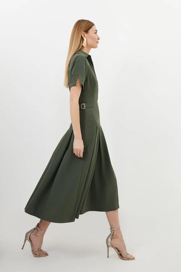 Tailored Crepe Short Sleeve Pleated Midi Dress Khaki Women Karen Millen Dresses