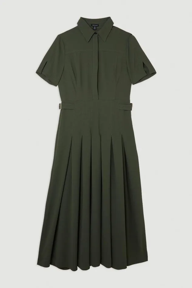 Tailored Crepe Short Sleeve Pleated Midi Dress Khaki Women Karen Millen Dresses