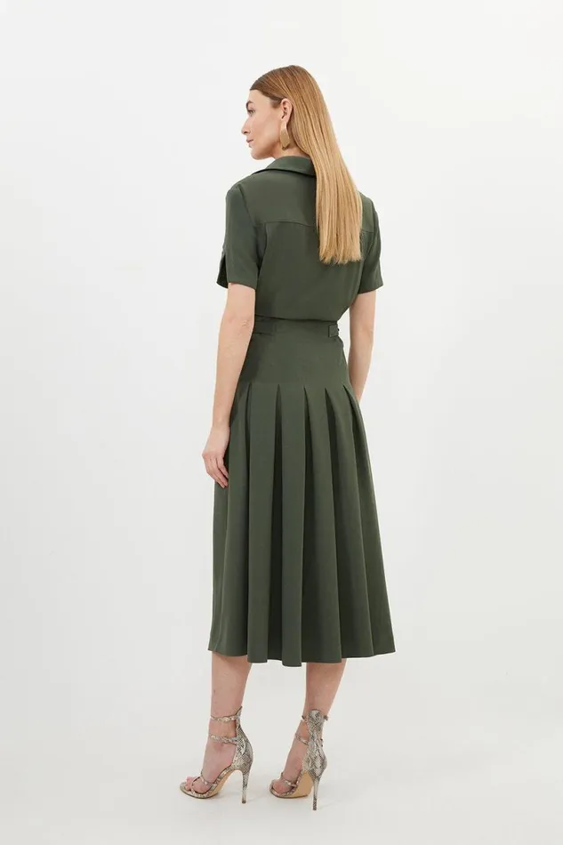 Tailored Crepe Short Sleeve Pleated Midi Dress Khaki Women Karen Millen Dresses