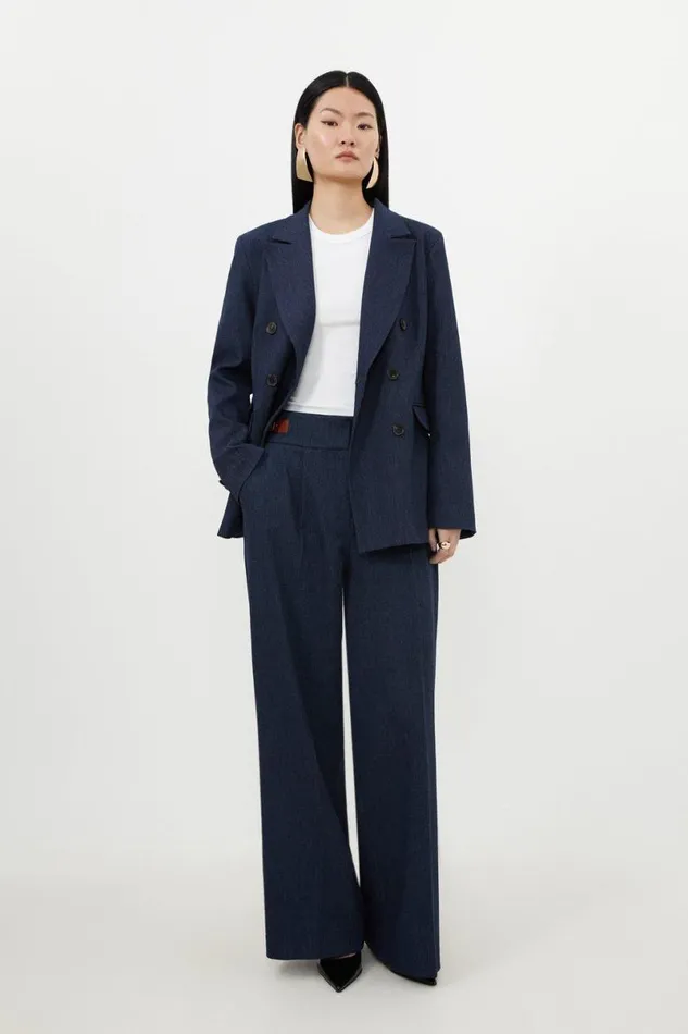 Tailored Denim Blazer And Wide Leg Trousers Set Blue Women Karen Millen CoOrds
