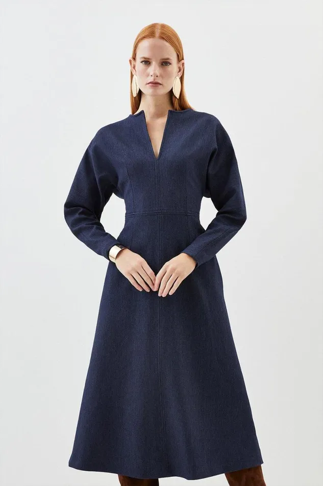 Tailored Denim Rounded Sleeve Midi Dress Dark Blue Women Karen Millen Dresses