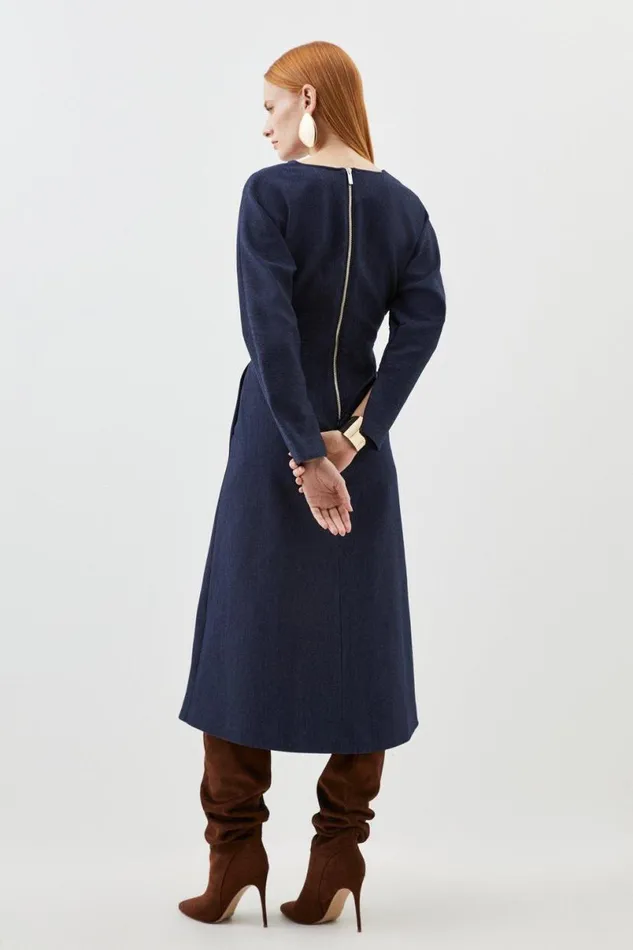 Tailored Denim Rounded Sleeve Midi Dress Dark Blue Women Karen Millen Dresses