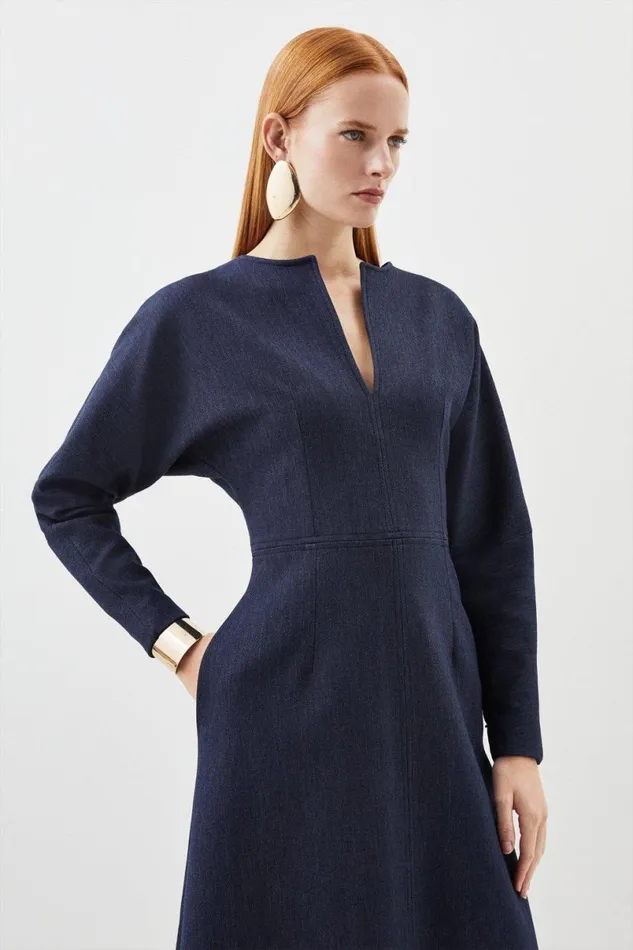 Tailored Denim Rounded Sleeve Midi Dress Dark Blue Women Karen Millen Dresses