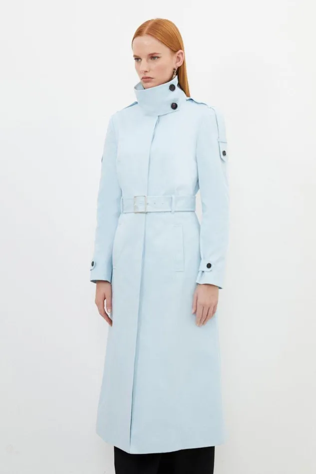 Tailored High Neck Belted Trench Coat Pale Blue Women Karen Millen Coats and Jackets