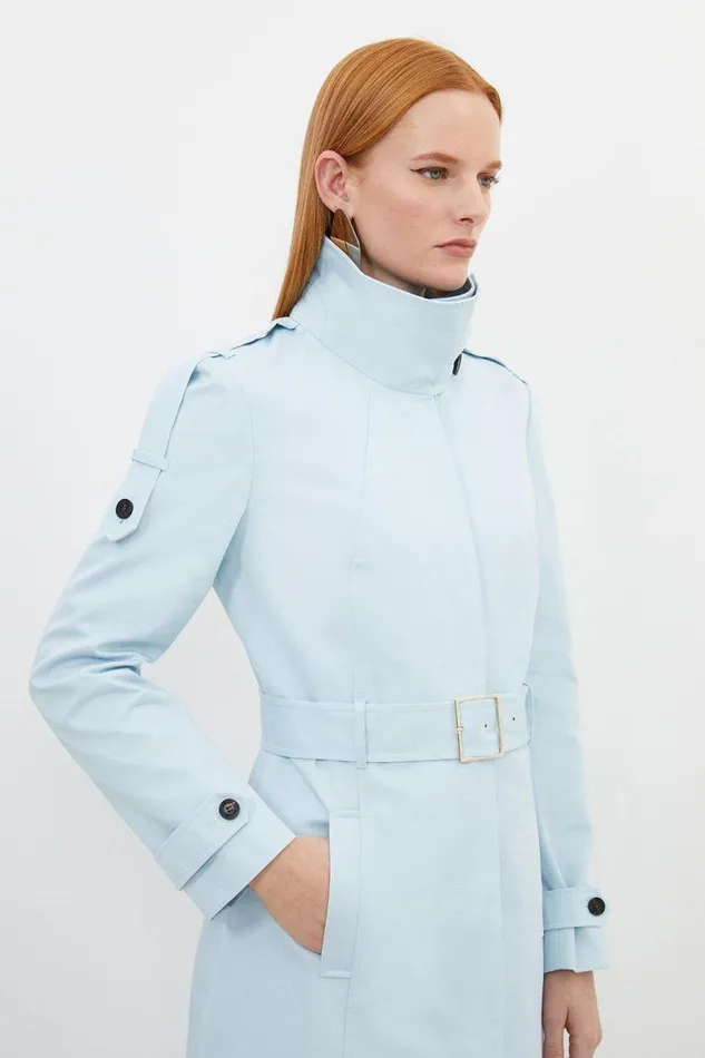 Tailored High Neck Belted Trench Coat Pale Blue Women Karen Millen Coats and Jackets