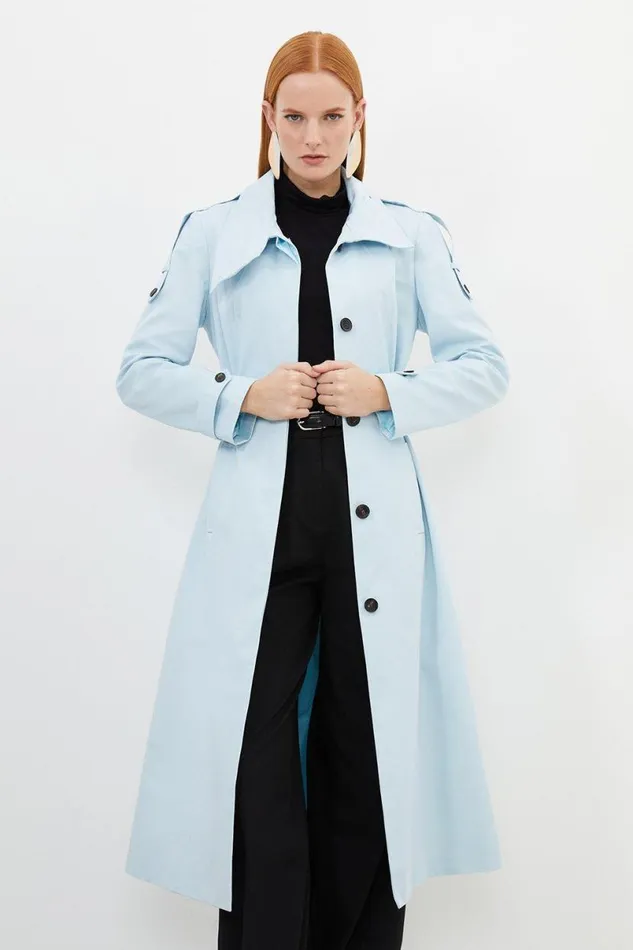 Tailored High Neck Belted Trench Coat Pale Blue Women Karen Millen Coats and Jackets
