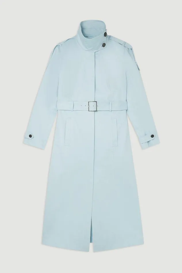 Tailored High Neck Belted Trench Coat Pale Blue Women Karen Millen Coats and Jackets