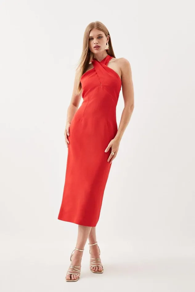 Tailored Italian Structured Rib Cross Neck Midi Dress Red Women Karen Millen Dresses