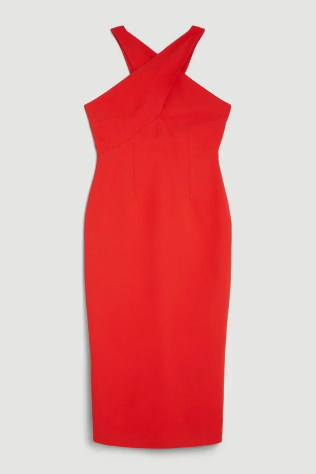 Tailored Italian Structured Rib Cross Neck Midi Dress Red Women Karen Millen Dresses
