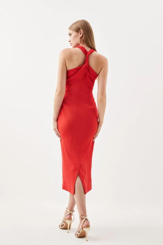 Tailored Italian Structured Rib Cross Neck Midi Dress Red Women Karen Millen Dresses