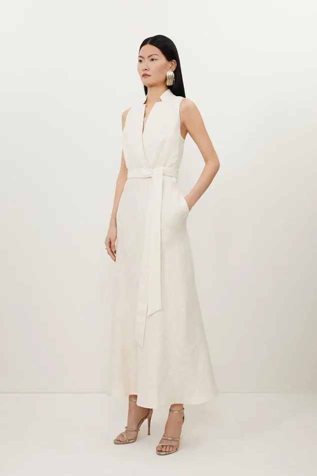 Tailored Linen Metallic Notch Neck Maxi Dress Ivory Women Karen Millen Dresses
