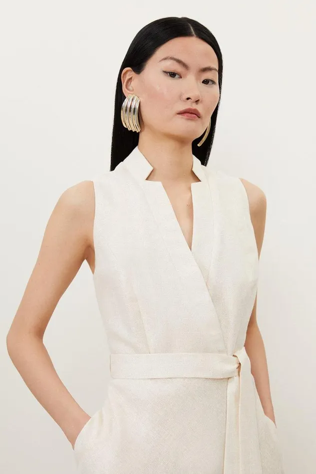Tailored Linen Metallic Notch Neck Maxi Dress Ivory Women Karen Millen Dresses