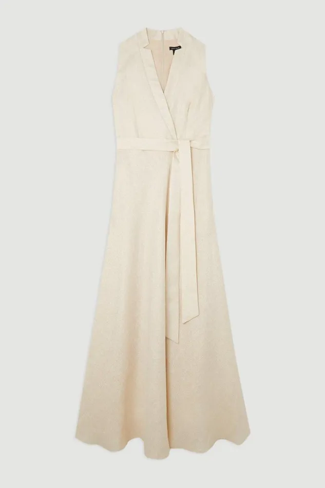 Tailored Linen Metallic Notch Neck Maxi Dress Ivory Women Karen Millen Dresses