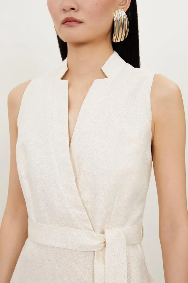 Tailored Linen Metallic Notch Neck Maxi Dress Ivory Women Karen Millen Dresses
