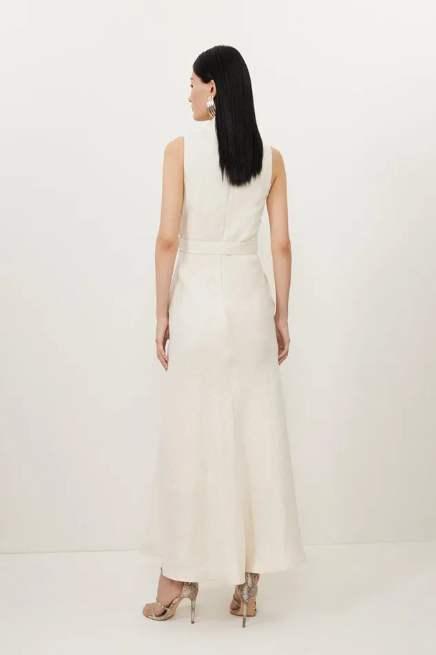 Tailored Linen Metallic Notch Neck Maxi Dress Ivory Women Karen Millen Dresses