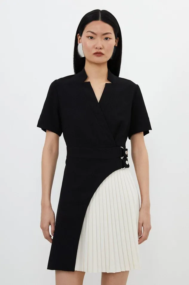 Tailored Military Pleat Notch Neck Wrap Mini Dress Mono Women Karen Millen Dresses