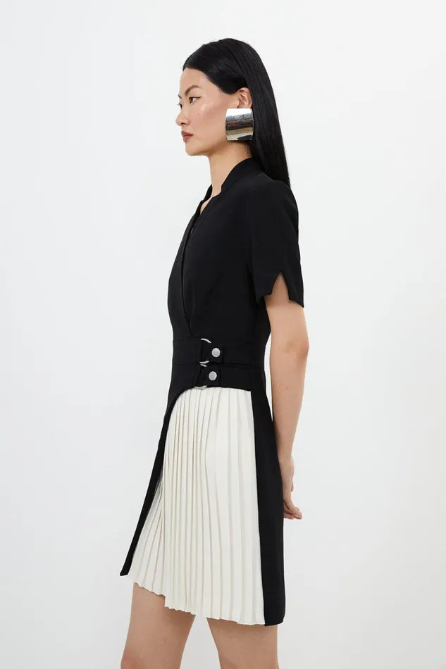 Tailored Military Pleat Notch Neck Wrap Mini Dress Mono Women Karen Millen Dresses