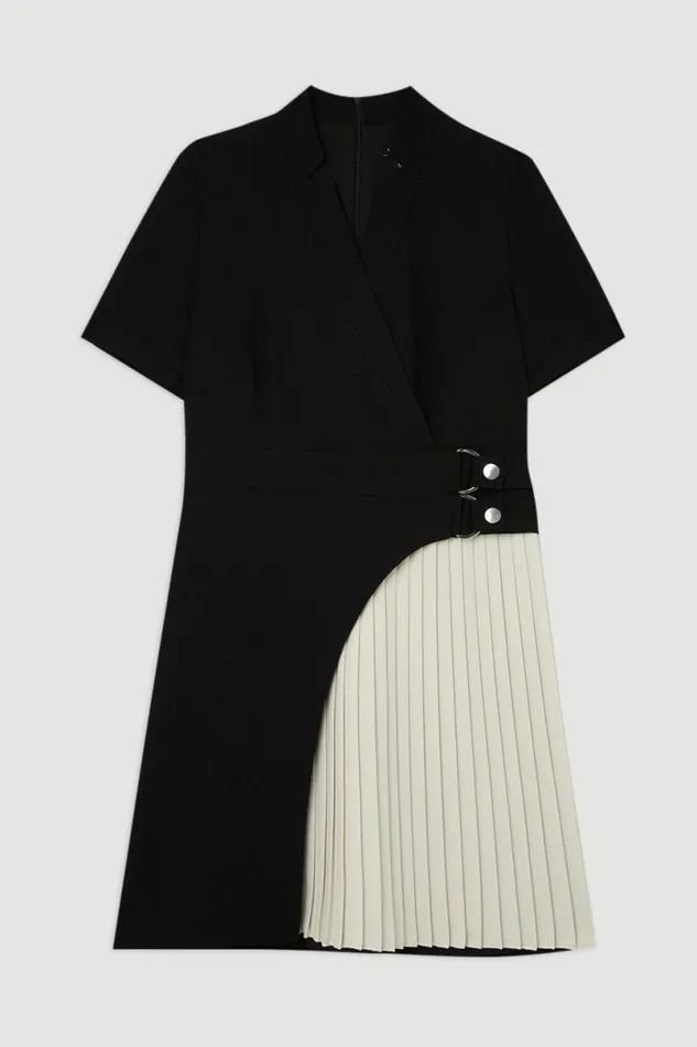Tailored Military Pleat Notch Neck Wrap Mini Dress Mono Women Karen Millen Dresses