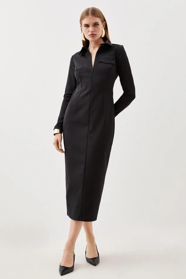 Tailored Pocket Detail Fitted Maxi Shirt Dress Black Women Karen Millen Dresses