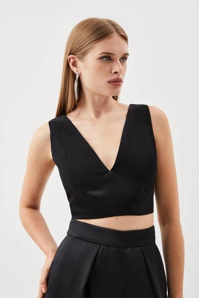 Tailored Satin Back Crepe Cropped Corset Top Black Women Karen Millen Tops