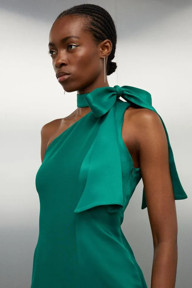 Tailored Satin Back Crepe Tie Neck Contrast Panel Maxi Dress Emerald Women Karen Millen Dresses