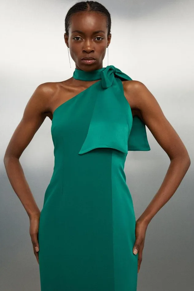 Tailored Satin Back Crepe Tie Neck Contrast Panel Maxi Dress Emerald Women Karen Millen Dresses