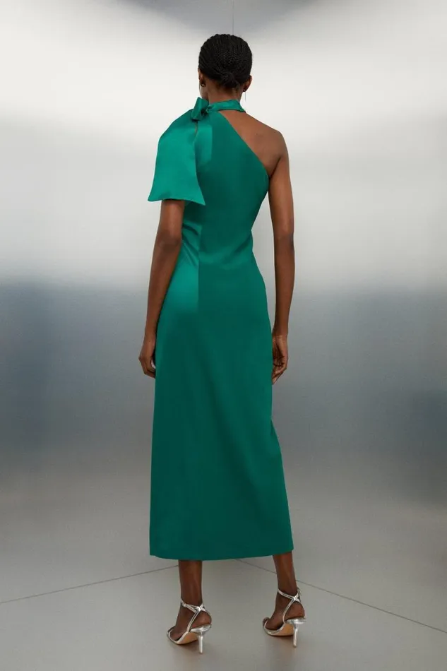 Tailored Satin Back Crepe Tie Neck Contrast Panel Maxi Dress Emerald Women Karen Millen Dresses