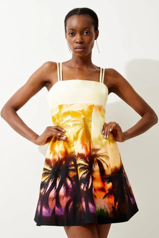 Tailored Scenic Print Strappy Mini Dress Orange Women Karen Millen Dresses