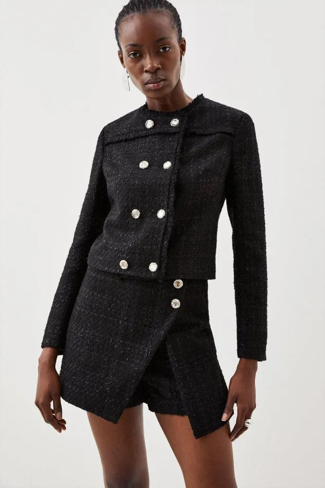 Tailored Sparkle Boucle Double Breasted Jacket and Skort Set Black Women Karen Millen CoOrds