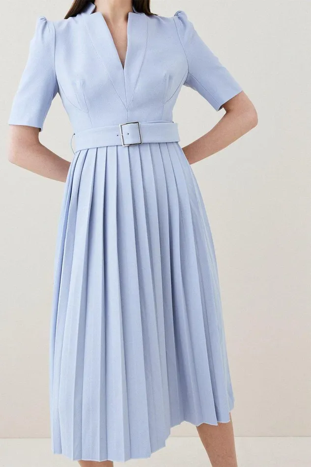 Tailored Structured Crepe Forever Pleat Belted Midi Dress Pale Blue Women Karen Millen Dresses