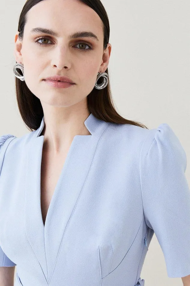 Tailored Structured Crepe Forever Pleat Belted Midi Dress Pale Blue Women Karen Millen Dresses