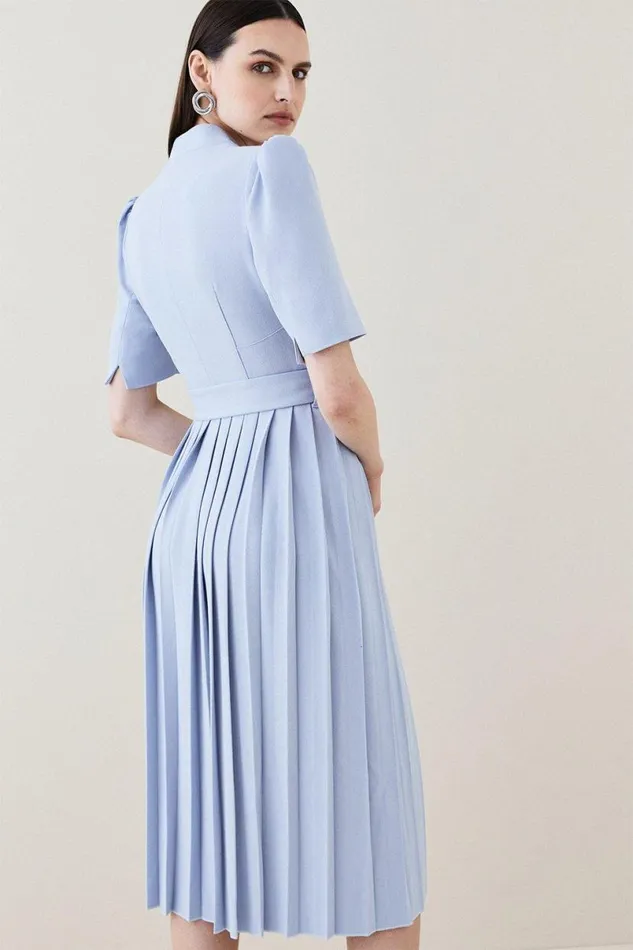 Tailored Structured Crepe Forever Pleat Belted Midi Dress Pale Blue Women Karen Millen Dresses