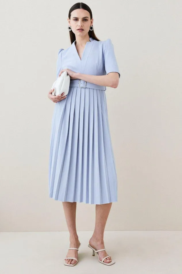 Tailored Structured Crepe Forever Pleat Belted Midi Dress Pale Blue Women Karen Millen Dresses