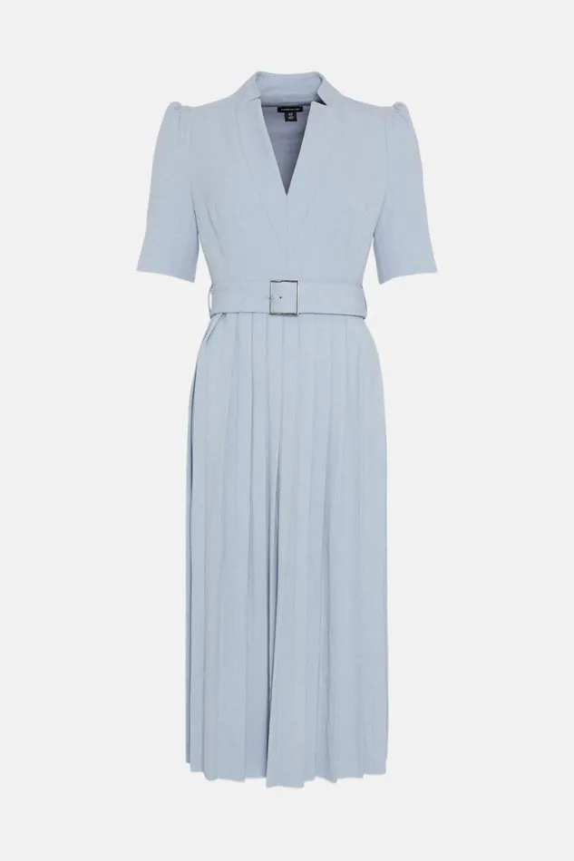 Tailored Structured Crepe Forever Pleat Belted Midi Dress Pale Blue Women Karen Millen Dresses