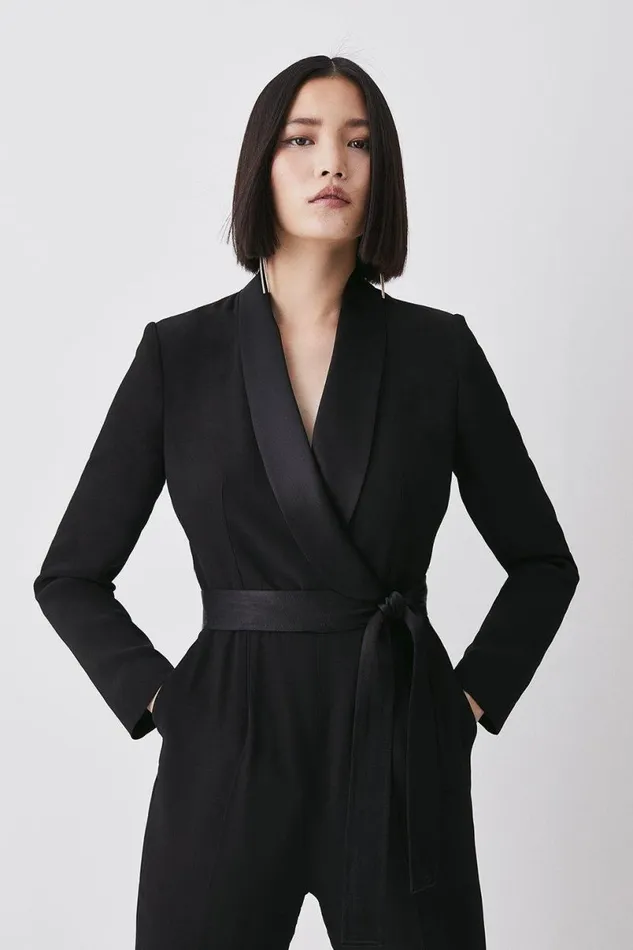 Tailored Tuxedo Belted Wrap Jumpsuit Black Women Karen Millen Jumpsuits and Playsuits