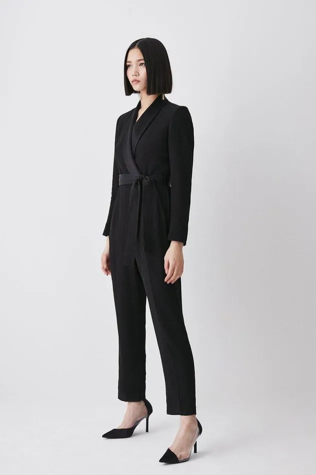 Tailored Tuxedo Belted Wrap Jumpsuit Black Women Karen Millen Jumpsuits and Playsuits