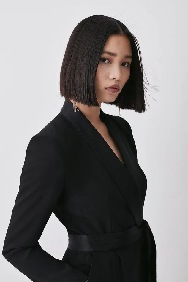 Tailored Tuxedo Belted Wrap Jumpsuit Black Women Karen Millen Jumpsuits and Playsuits