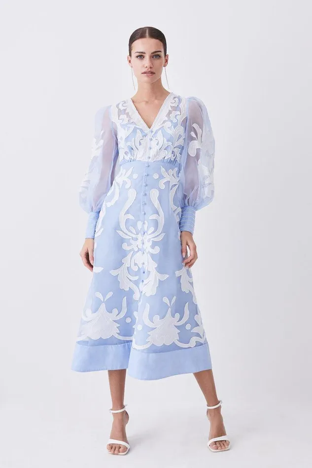 Tall Applique Organdie Buttoned Woven Maxi Dress Blue Women Karen Millen Dresses